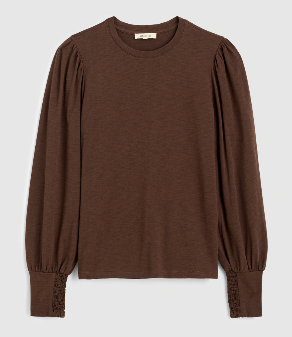 Madewell | NWT Smocked Long Sleeve Top Soft Slub Roasted Chicory Brown | Sz XXS